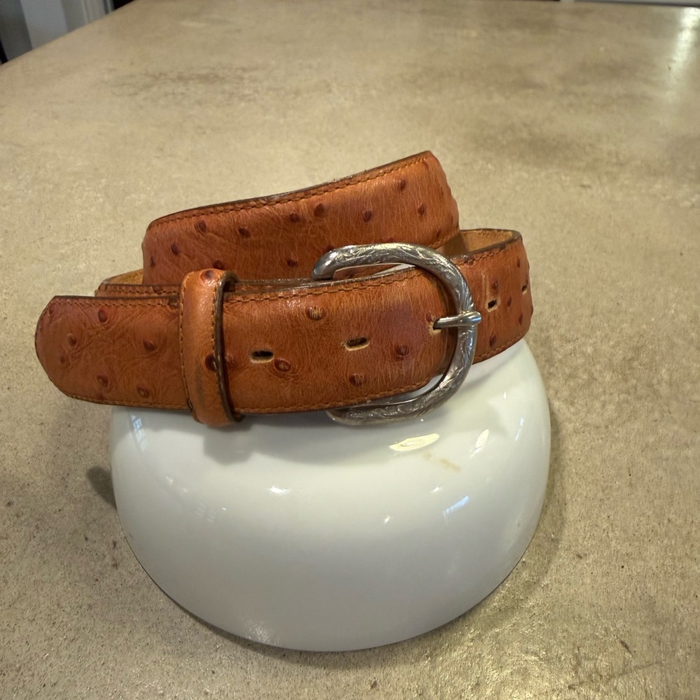 Tan Ostrich-Texture Leather Belt with Silver Buckle